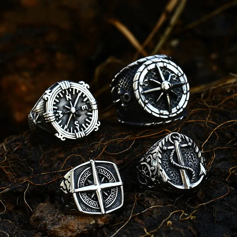Vintage Titanium Steel Men's Compass Anchor Ring