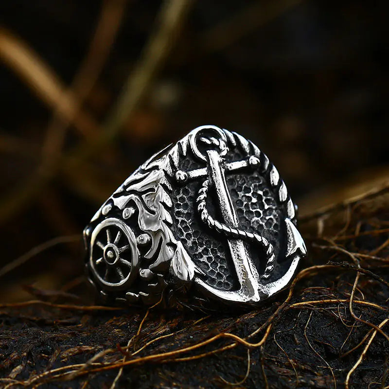 Vintage Titanium Steel Men's Compass Anchor Ring