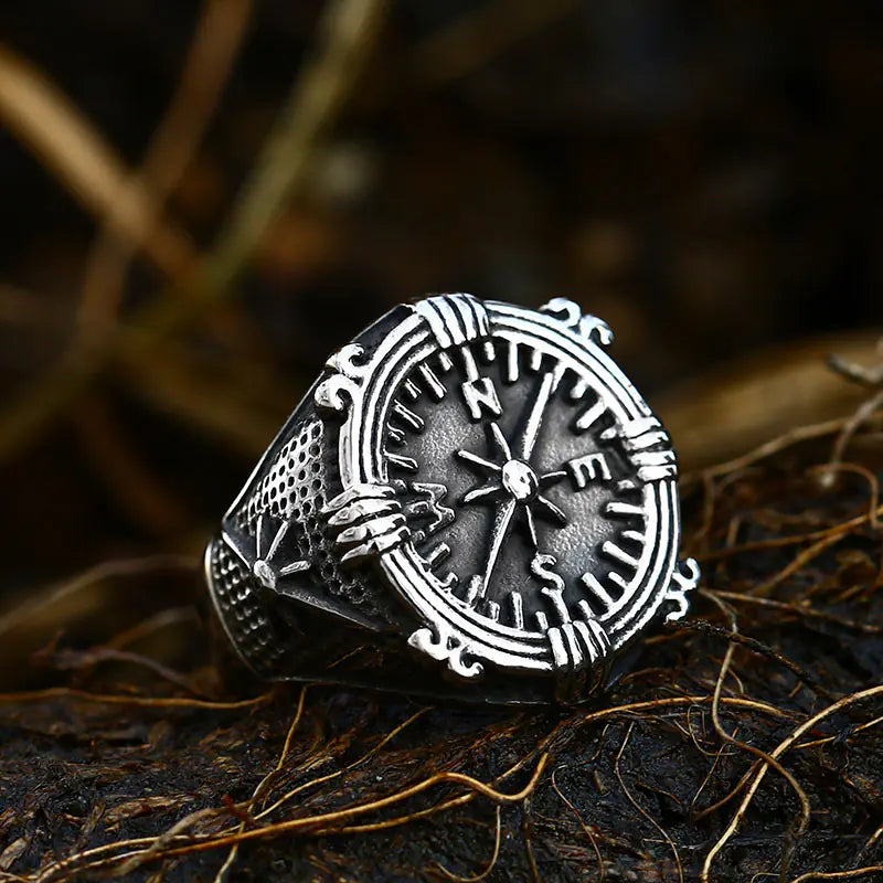 Vintage Titanium Steel Men's Compass Anchor Ring